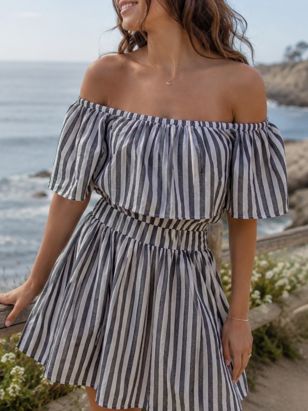 Fun & Flirty Adeline Dress Size M Gray White Stripes EUC- Coastal Vibes!